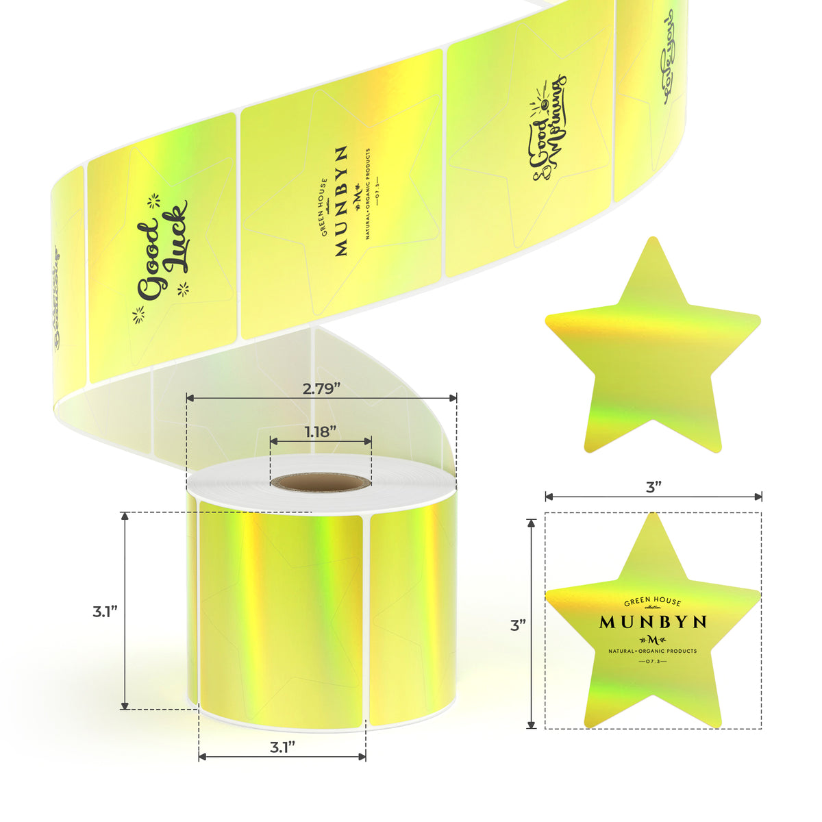 MUNBYN star gold holographic thermal labels feature 250 labels per roll, ensuring you have plenty for all your labeling needs.