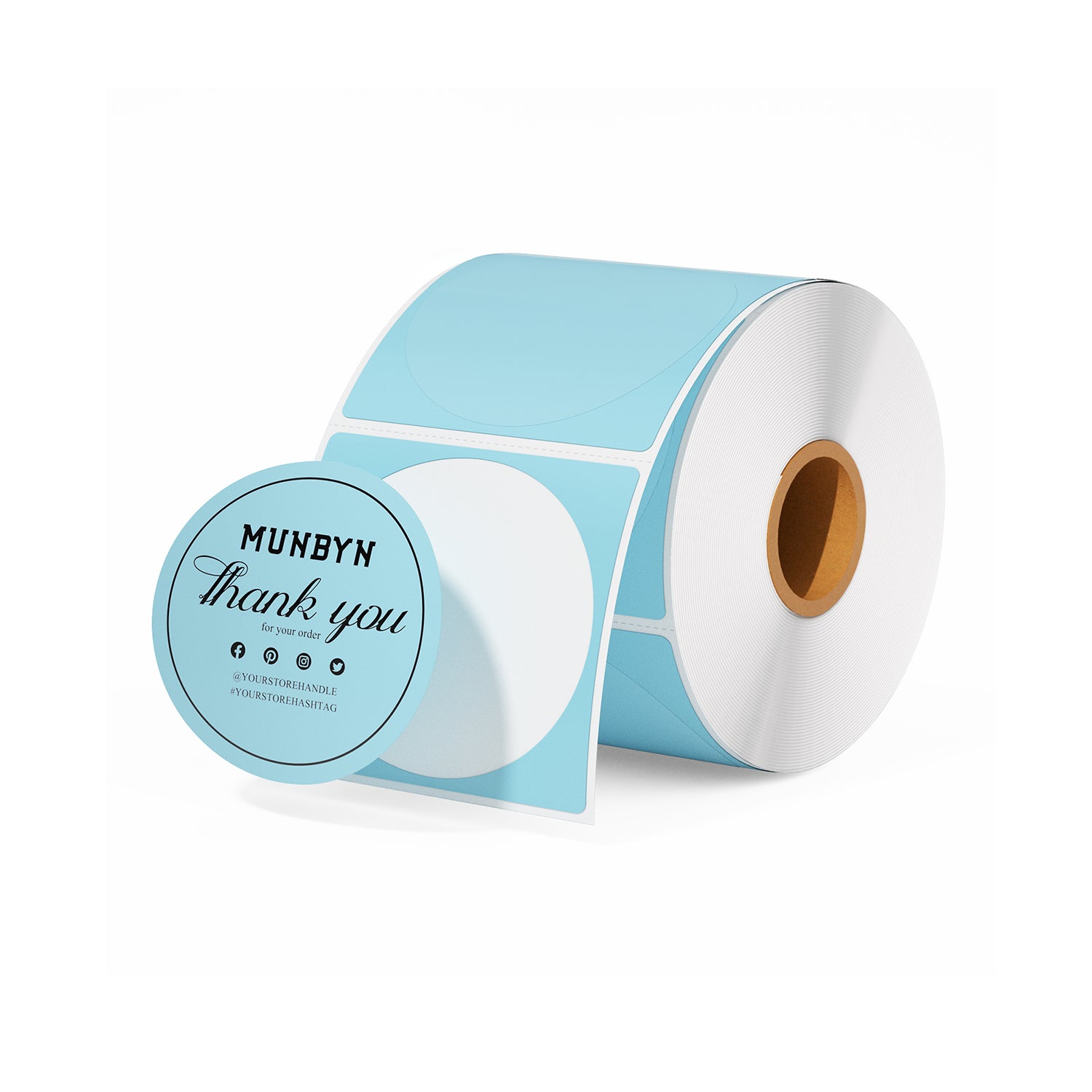 Roll of round blue thank you thermal stickers for shipping and packaging labels