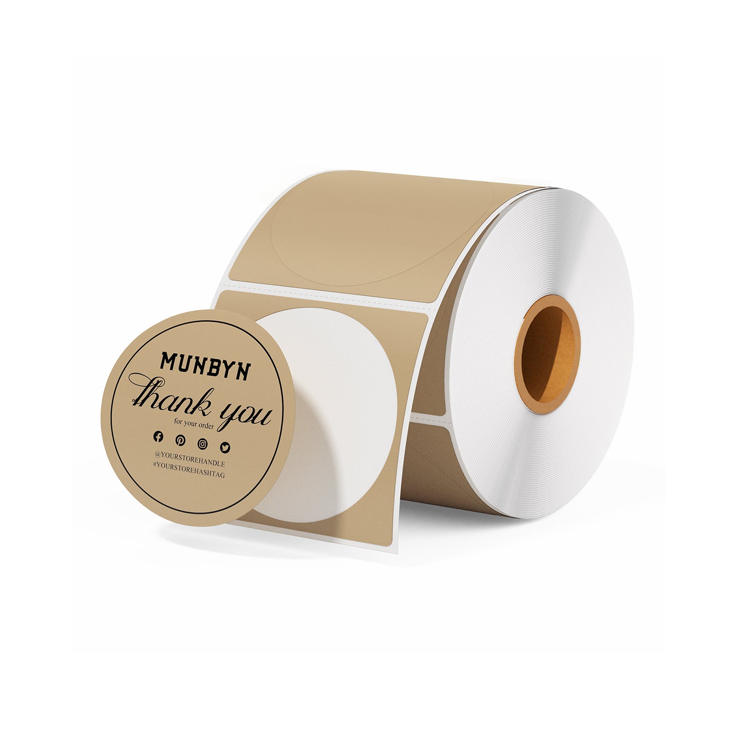 Round thank you stickers on a roll, beige and white, for packaging or shipping labels.