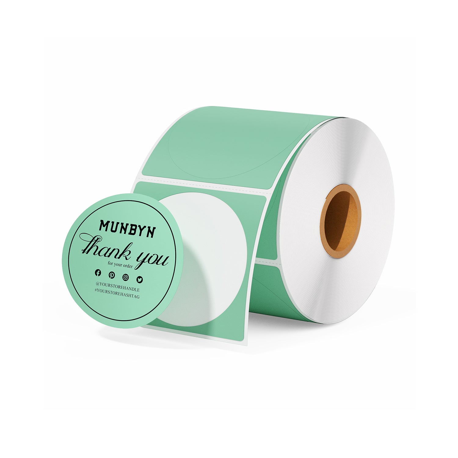 Roll of round green thermal thank you labels for shipping and packaging