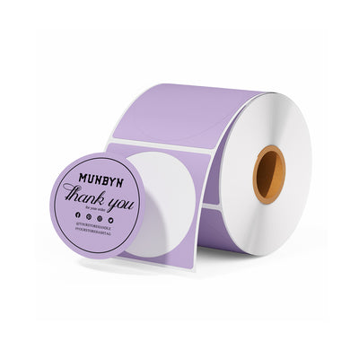 Roll of round lavender thermal thank you stickers for packaging and shipping labels