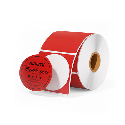 Red round thermal label roll with 'thank you' design for shipping and packaging