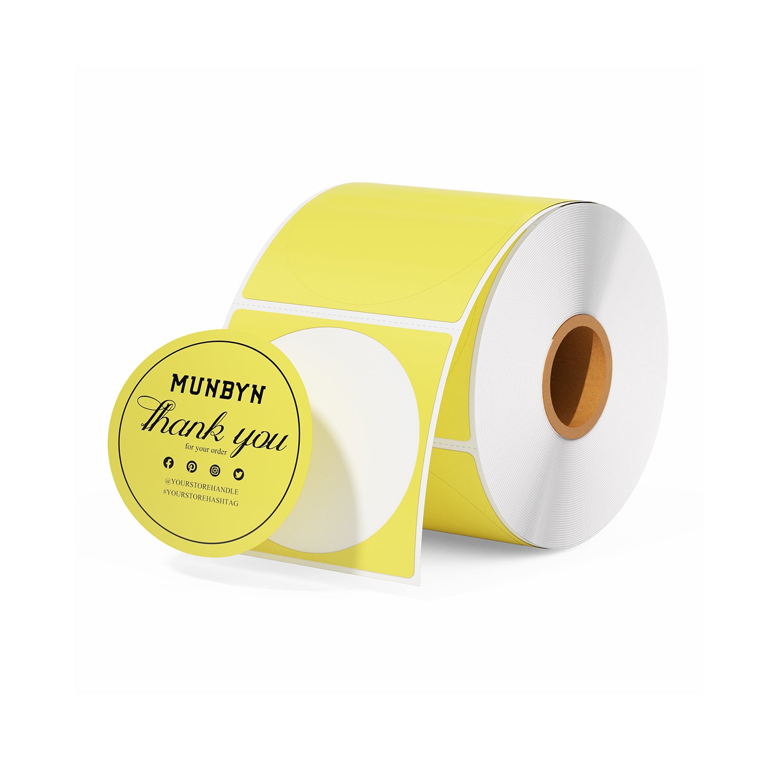 Roll of round yellow thank you thermal labels for shipping and packaging