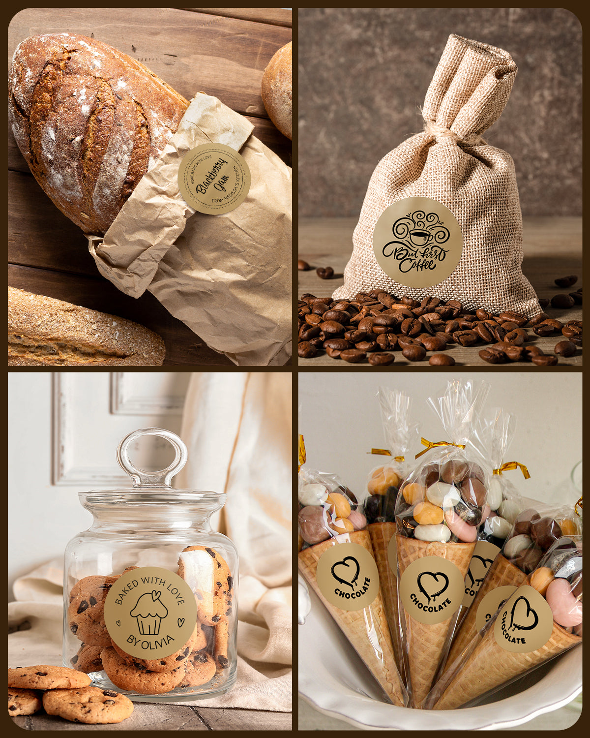 Round kraft paper labels on bakery bread, coffee beans, cookie jar, and candy cones.