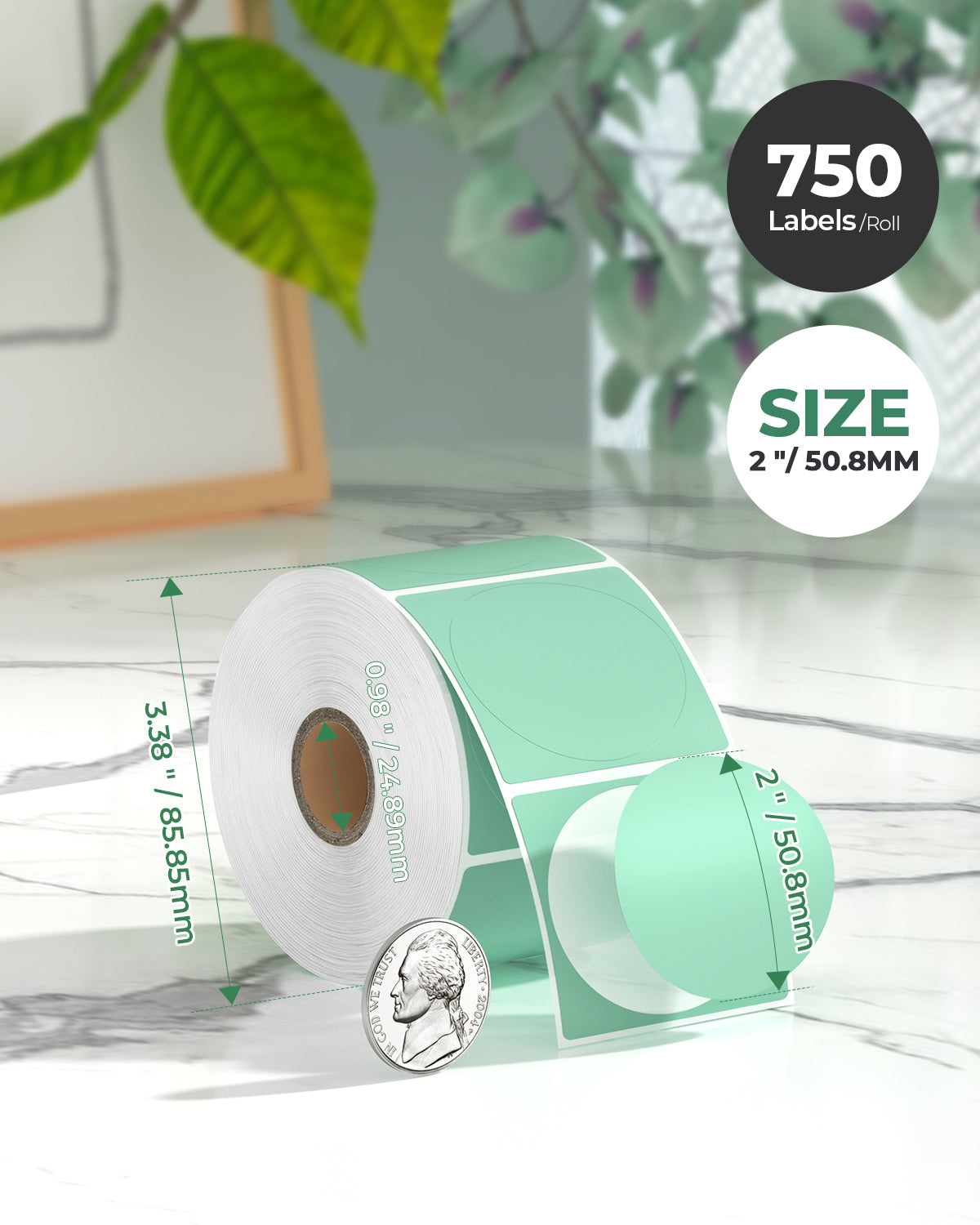 Roll of 2x2 inch green thermal labels, 750 labels per roll, on marble surface