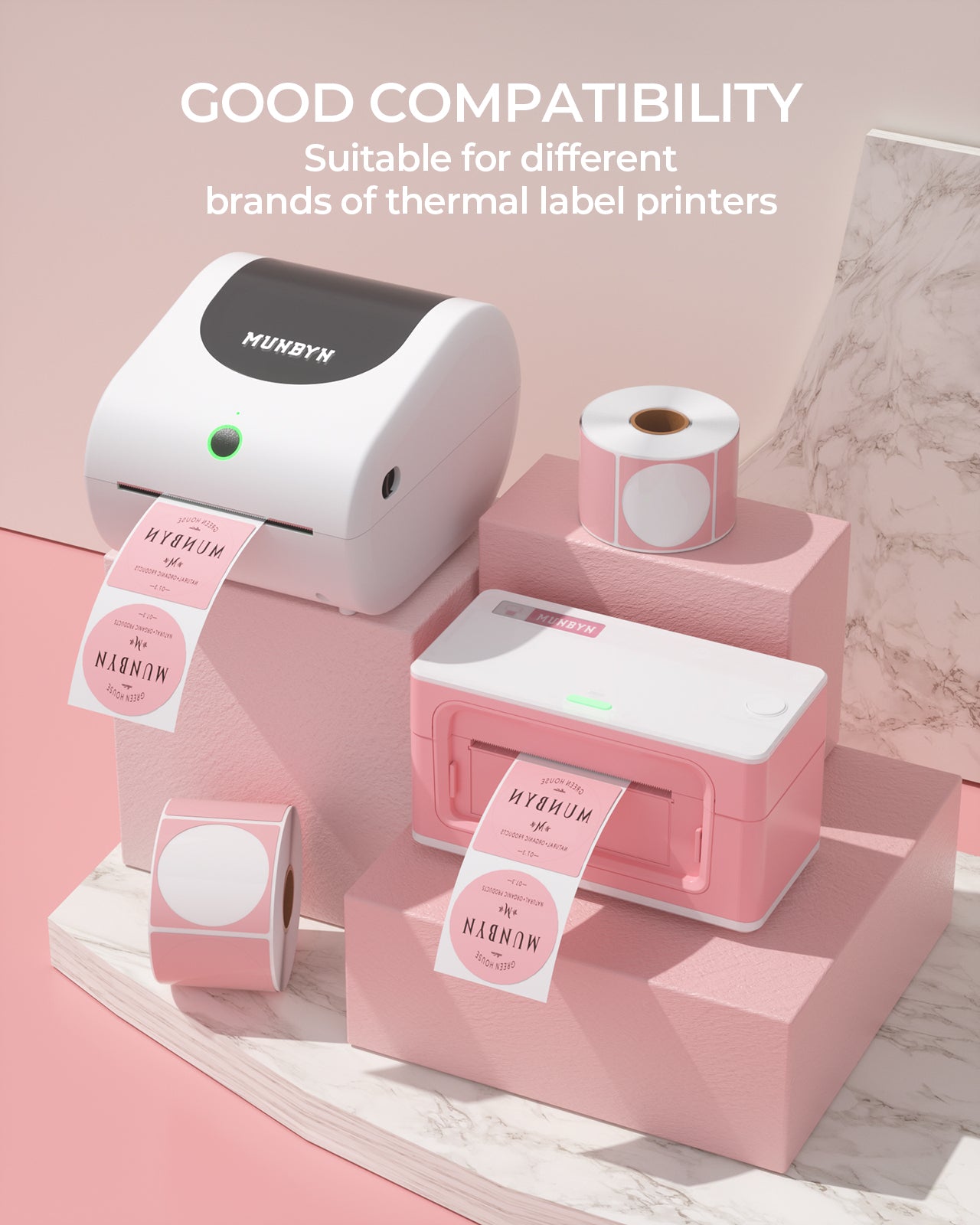 Pink and white thermal label printers with label rolls on pastel blocks, thermal labels printing.