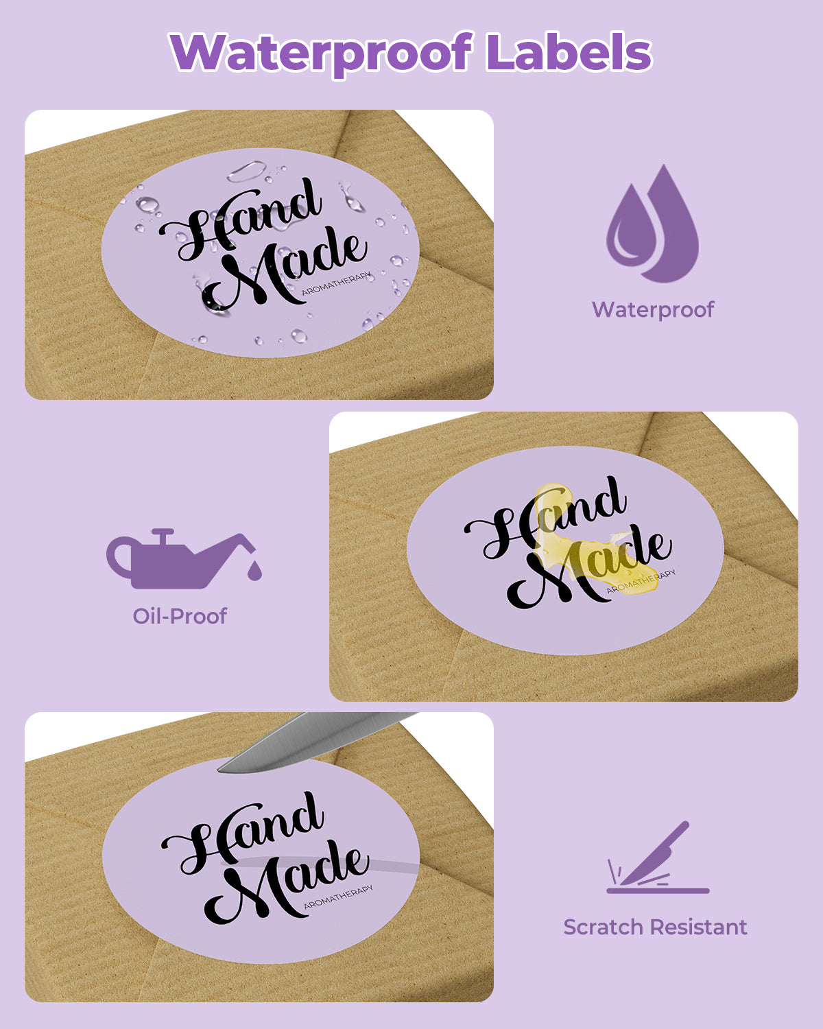 Purple waterproof, oil-proof, scratch-resistant round label on brown package, reads 'Hand Made'.