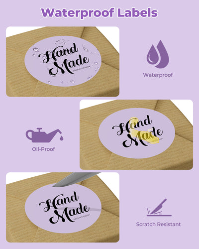 Purple waterproof, oil-proof, scratch-resistant round label on brown package, reads 'Hand Made'.