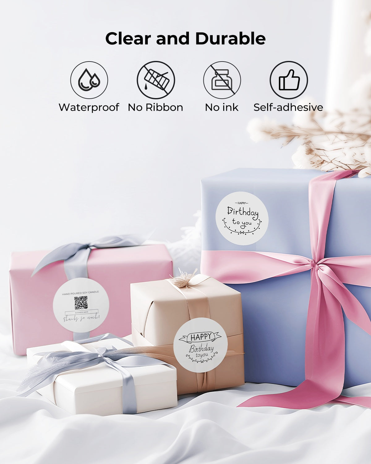 Self-adhesive round thermal labels on gift boxes, waterproof and no ink needed.