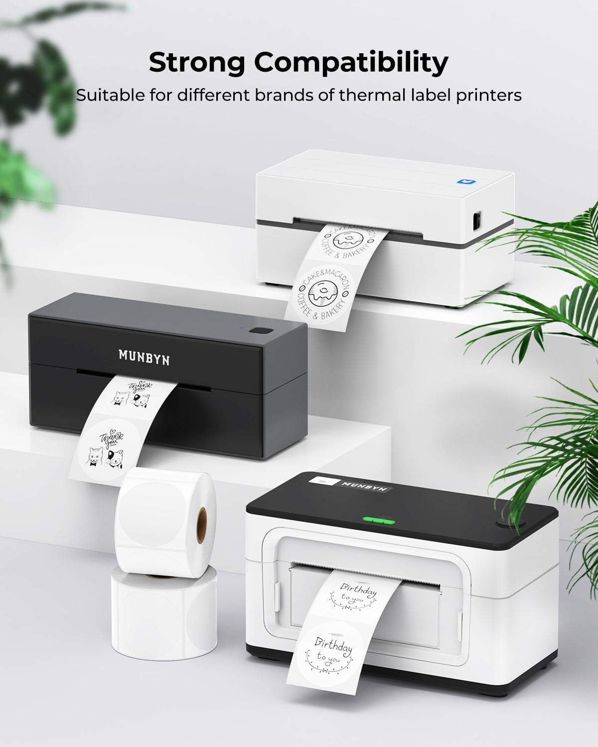 Thermal label printers with compatible label rolls for shipping and packaging