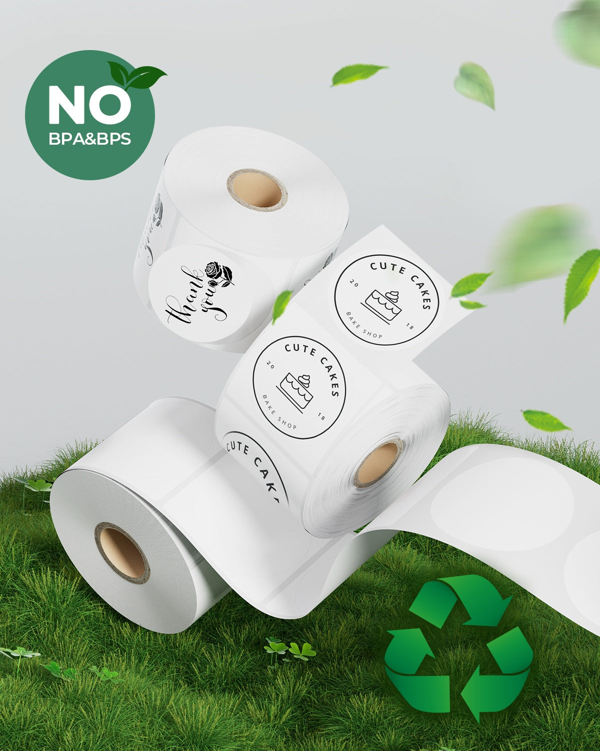 Eco-friendly round thermal label rolls with 'NO BPA & BPS' and recycling icon on grass