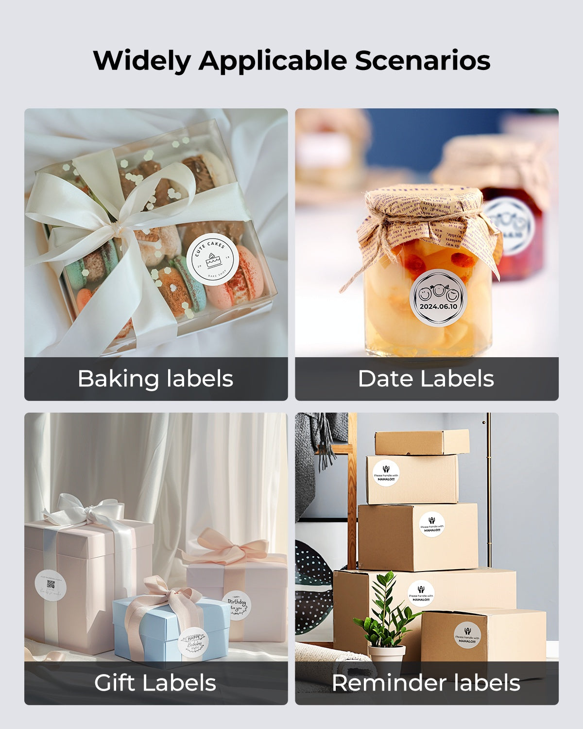 Thermal labels used on gifts, packaging, baked goods, and jars for versatile labeling.