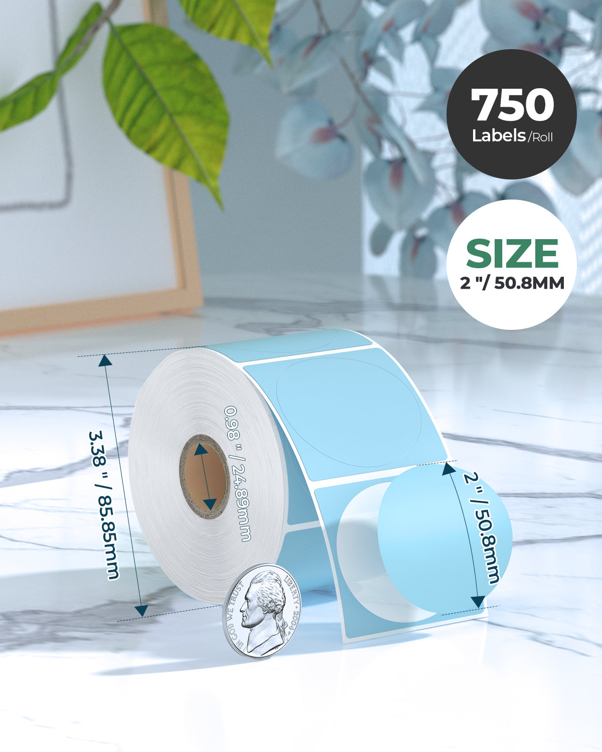 Roll of 2x2 inch round blue thermal labels, 750 labels per roll, shown on a marble surface.