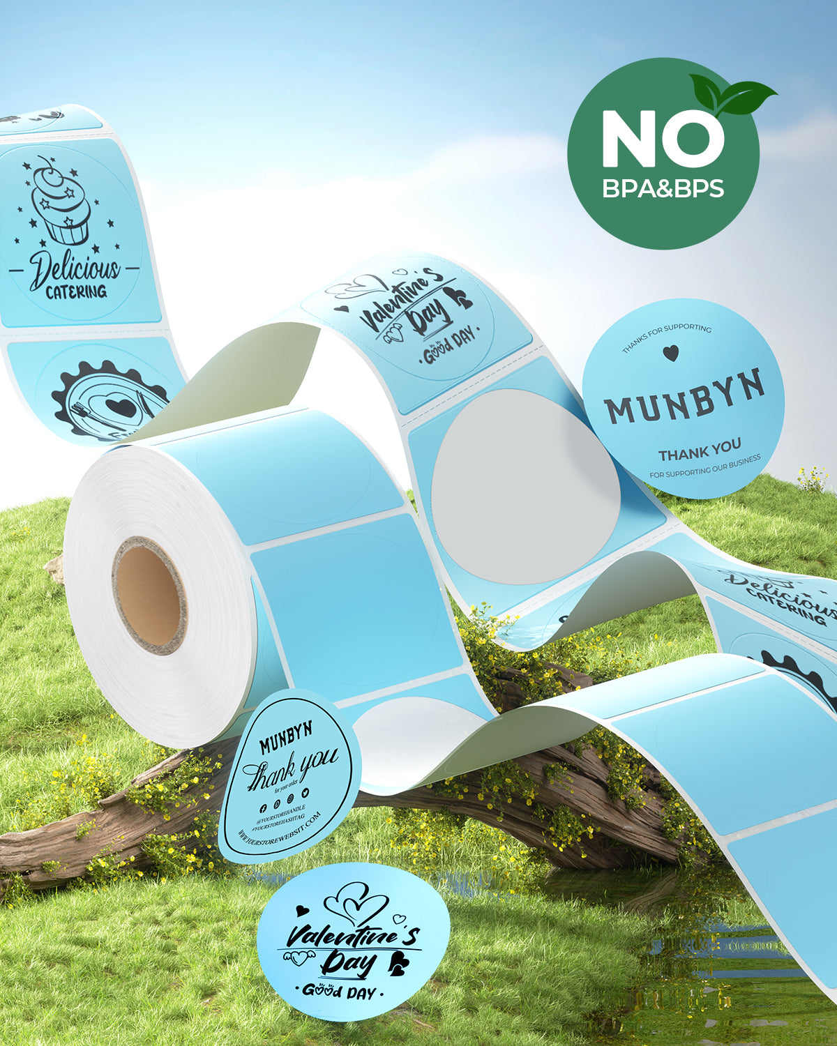 Blue thermal label roll with round and square stickers, featuring thank you and Valentine's Day designs, set outdoors with a No BPA & BPS symbol.