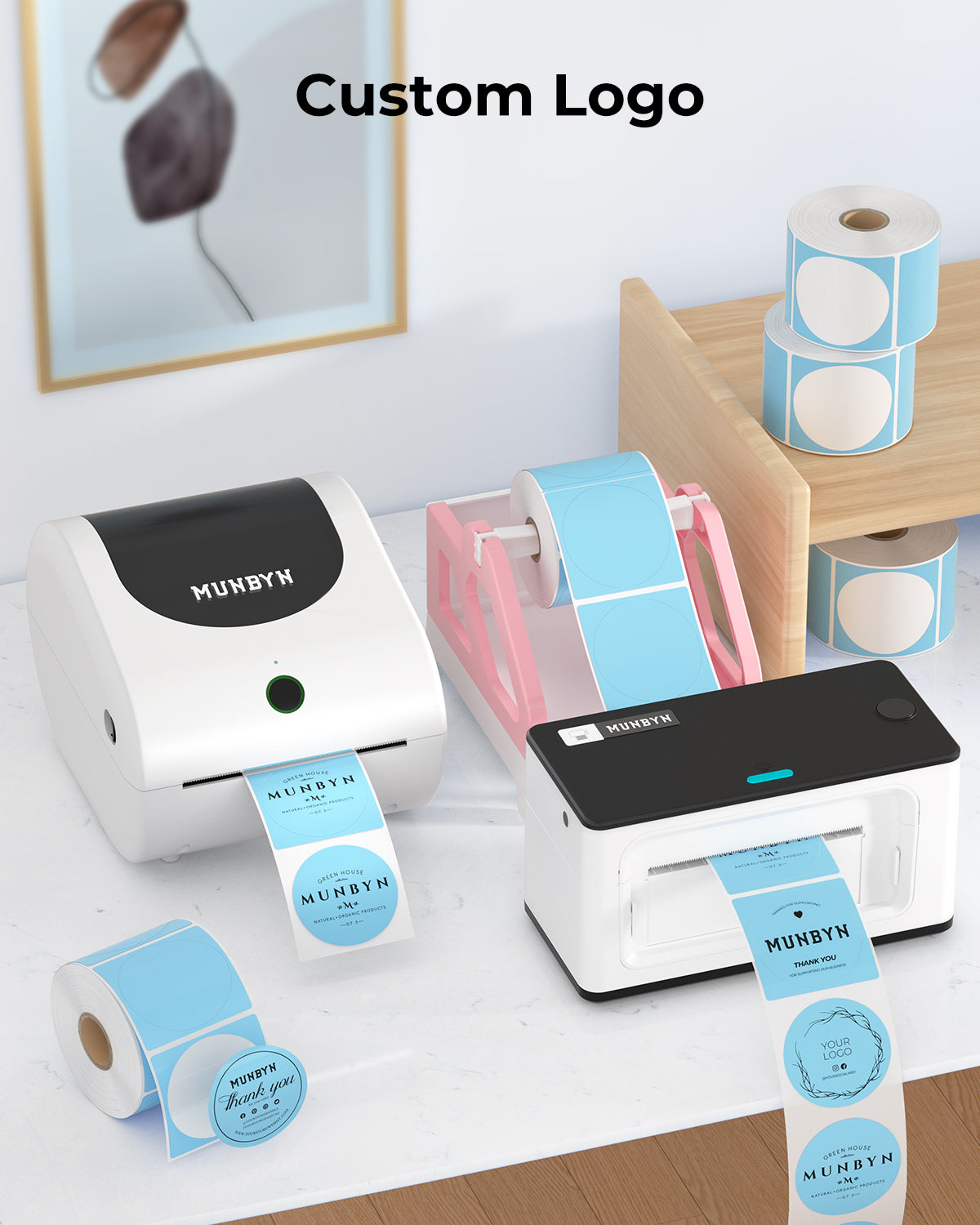 Thermal label printers printing custom blue and white round labels, label rolls displayed nearby.