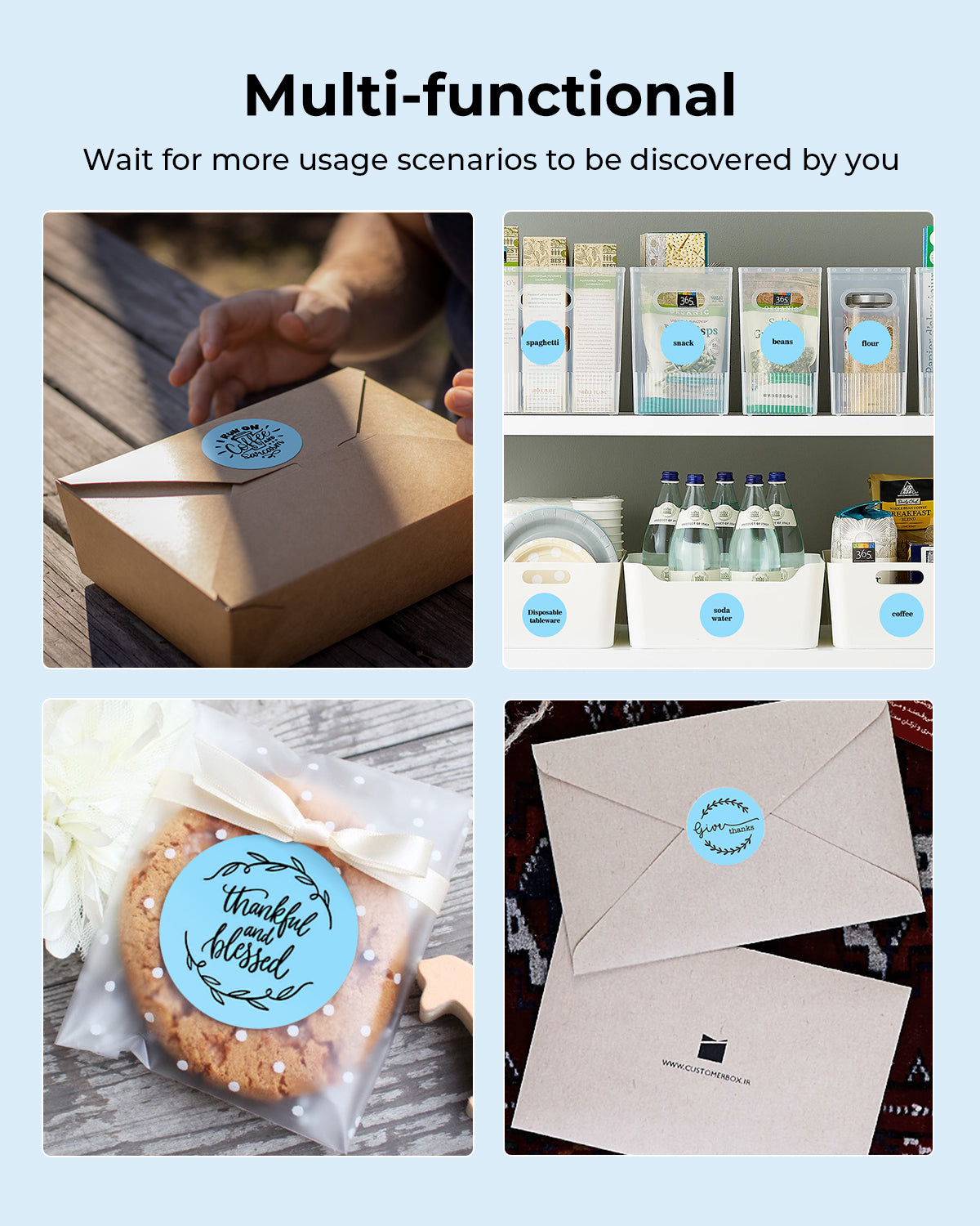 Blue round labels used on food packaging, storage jars, cookies, and envelopes for organization.