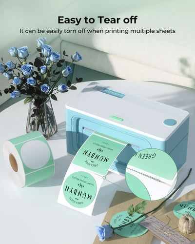 Close-up of 2-inch circle labels printed on MUNBYN label printer paper, showing clean, round adhesive labels on a plain background.