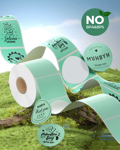 White 2-inch round labels printed on MUNBYN label printer paper, arranged in a grid pattern.