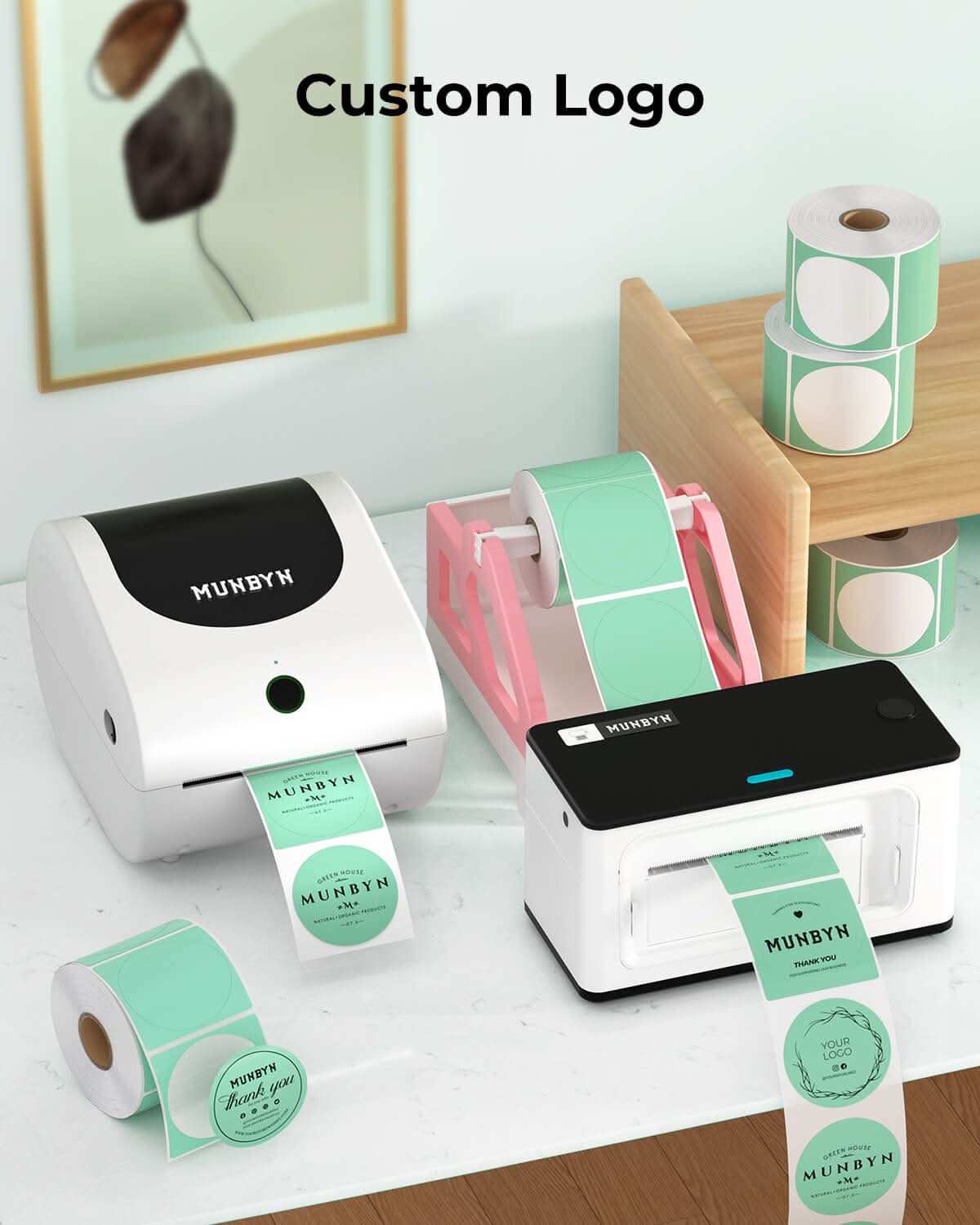 Two 2-inch circle labels printed on MUNBYN label printer paper, ready for use in organizing or labeling items.