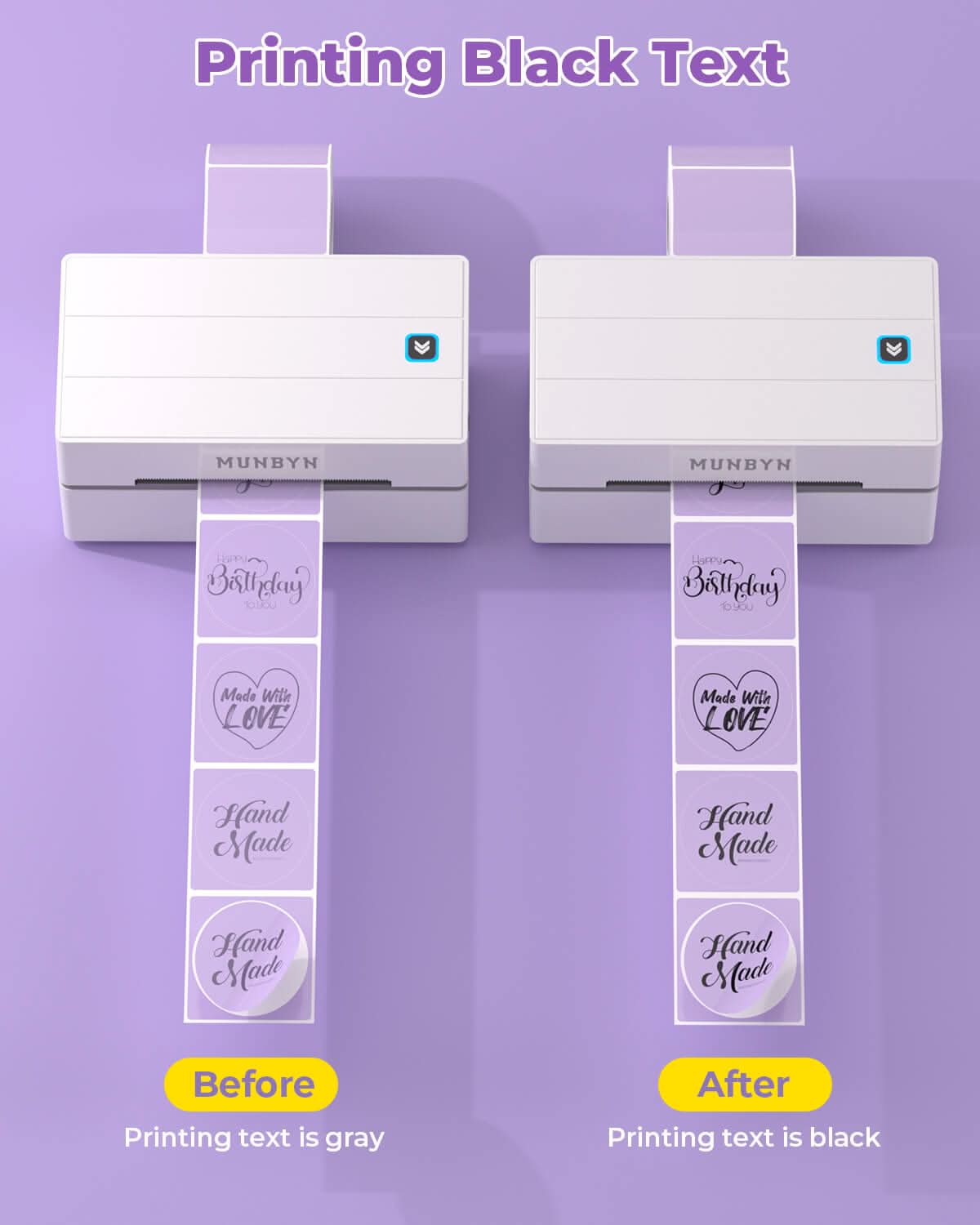 Close-up of white 2-inch circle labels printed on MUNBYN label printer paper, showing clean, round label designs.