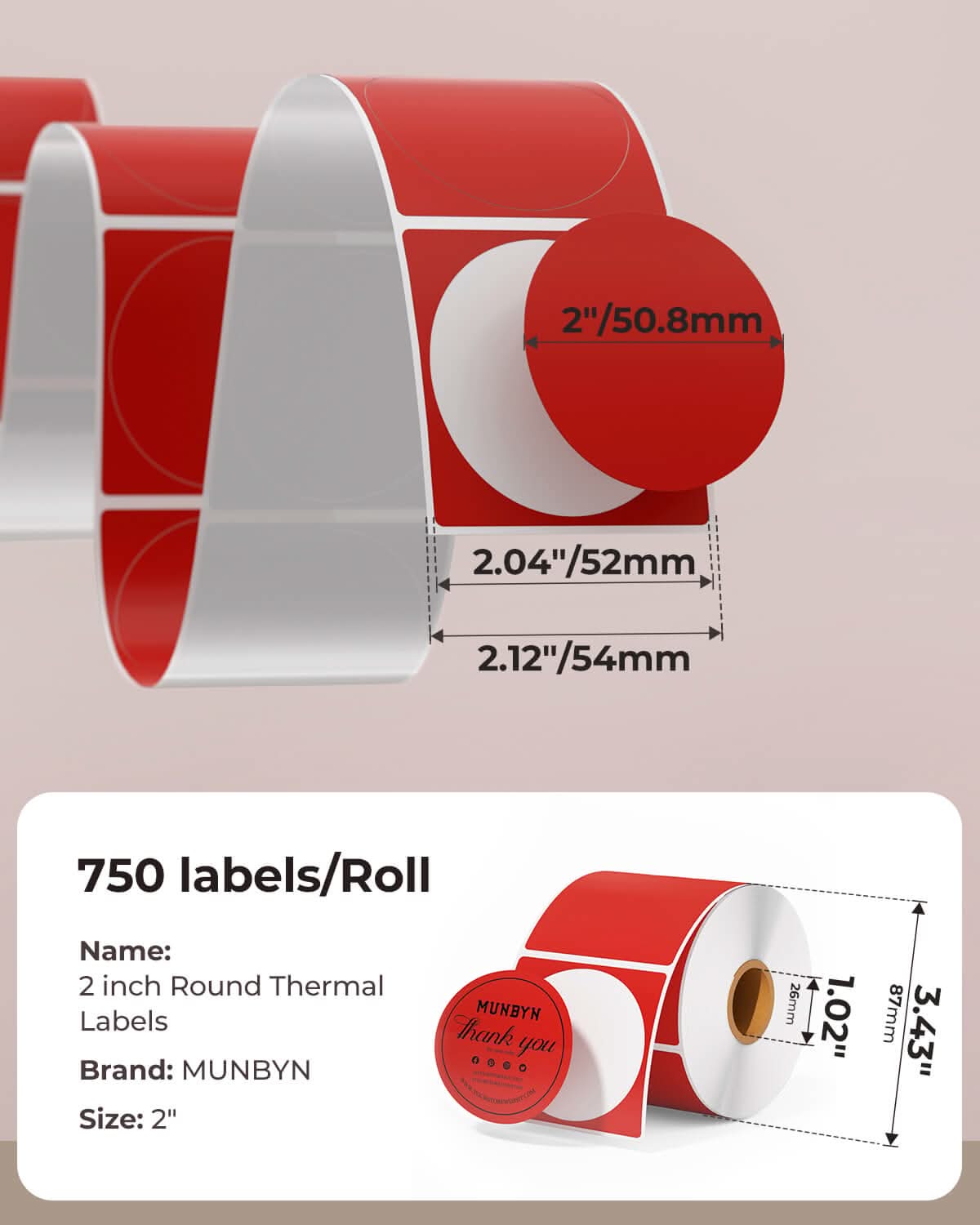 Two 2-inch round labels printed on MUNBYN label printer paper, showing bright red label designs.
