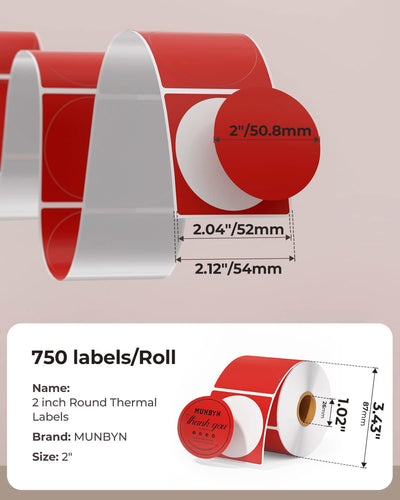 Two 2-inch round labels printed on MUNBYN label printer paper, showing bright red label designs.