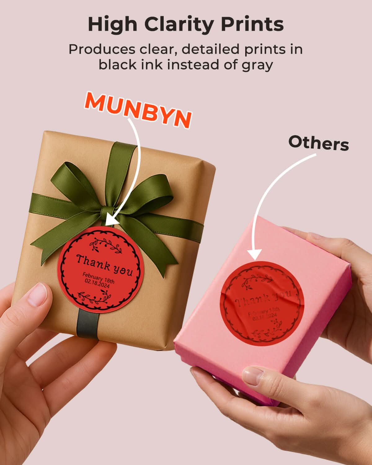 Two 2-inch circle labels printed on MUNBYN label printer paper, ready for use in labeling or organizing.