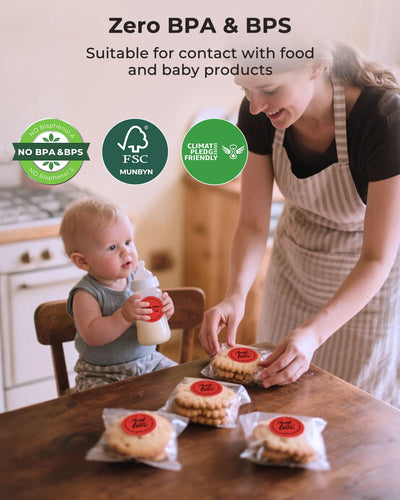 Red 2-inch circle labels printed on MUNBYN label printer paper, showing clean, round sticker designs on white background.