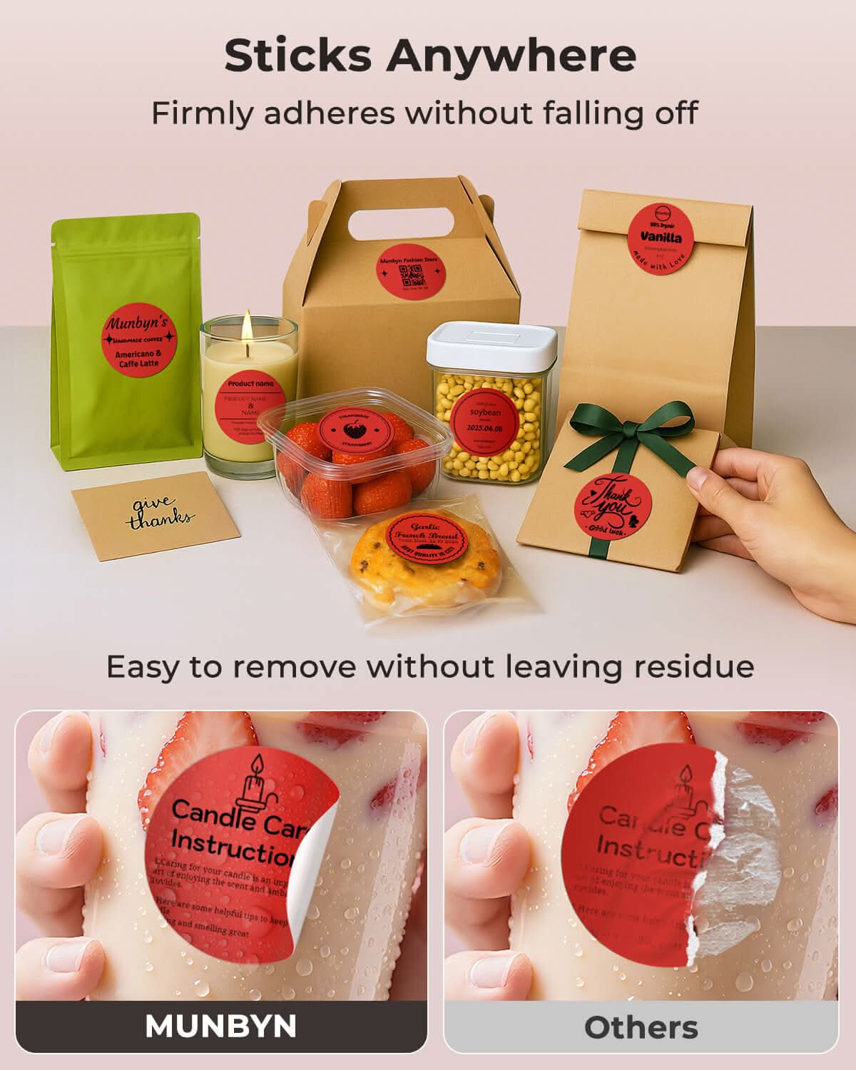 Two 2-inch circular labels printed on MUNBYN label printer paper, showing red designs on white background.