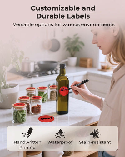 Red 2-inch circle labels printed on MUNBYN label printer paper, arranged in a grid pattern for easy application.