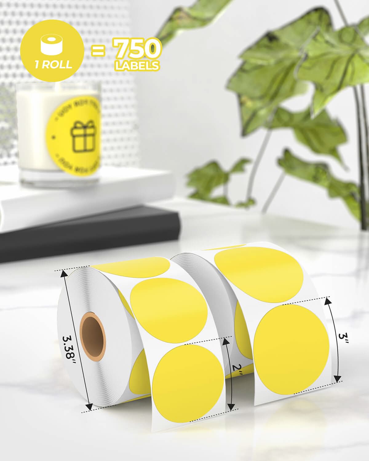 White 2-inch circle labels printed on label printer paper from MUNBYN, showing clean, round labels ready for use.