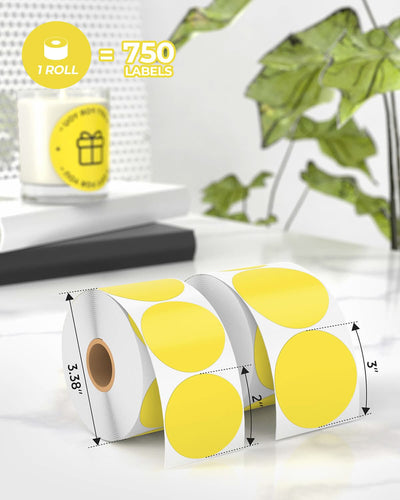 White 2-inch circle labels printed on label printer paper from MUNBYN, showing clean, round labels ready for use.