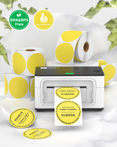 Two 2-inch round labels printed on MUNBYN label printer paper, showing example designs and adhesive backing.