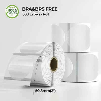 BPA and BPS free round thermal label rolls, 50.8mm diameter, 500 labels per roll