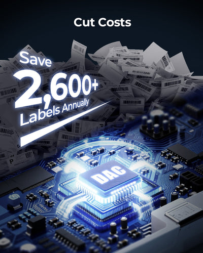 Digital DAC chip with glowing circuits, barcode shipping labels, save 2,600+ labels annually