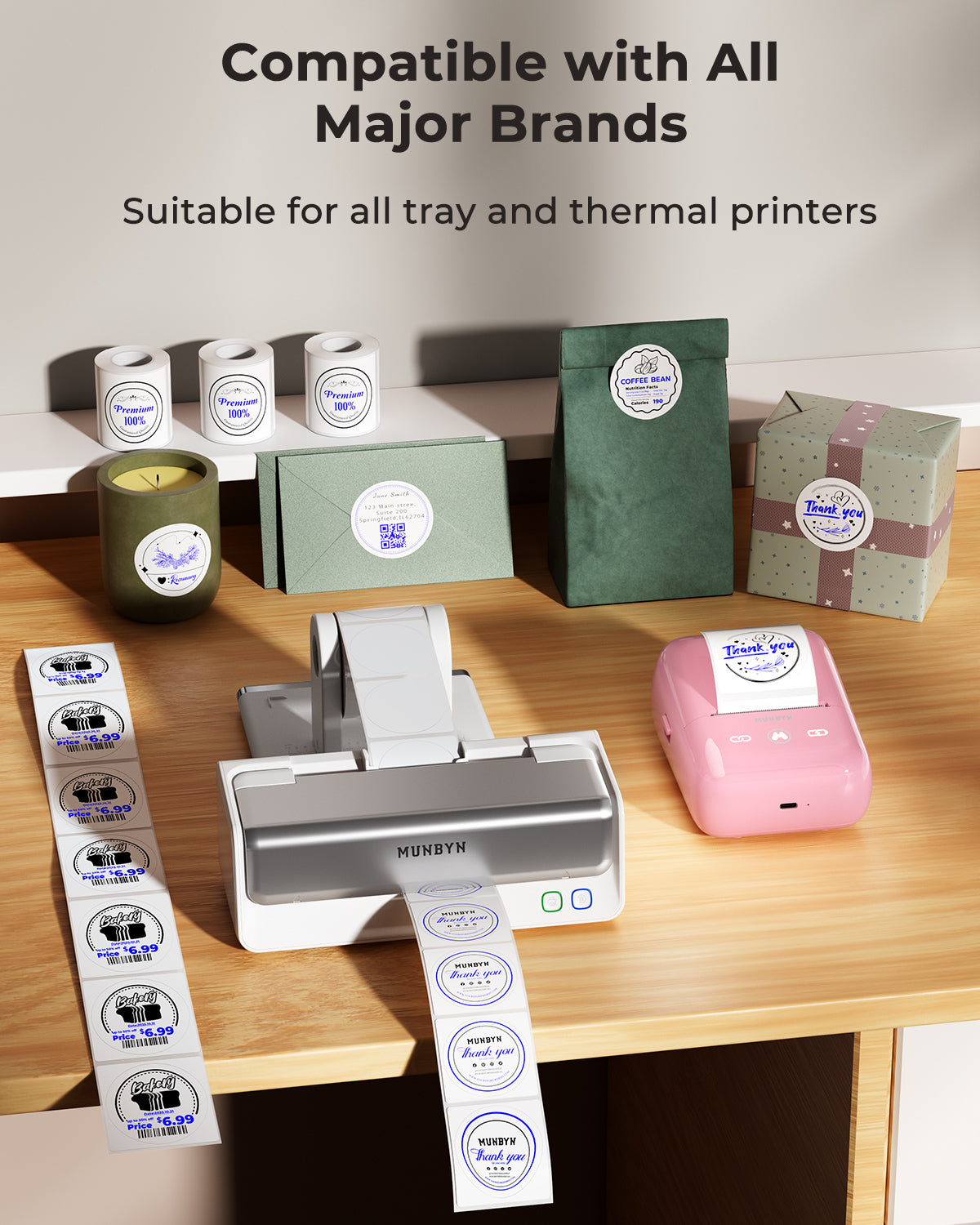 Thermal label printers on desk with printed labels, label rolls, and packaging boxes.