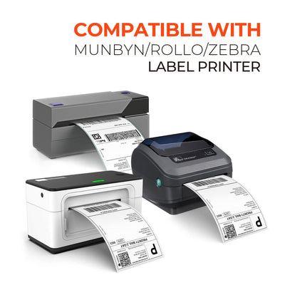 MUNBYN label printer paper roll for test quantity count, showing white adhesive labels on a roll for printing labels.
