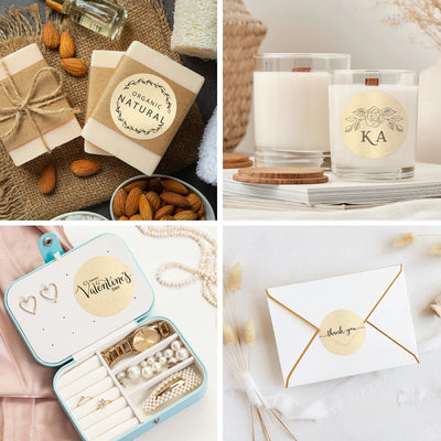 Thermal labels on organic soap, candles, jewelry box, and thank you envelope for packaging.