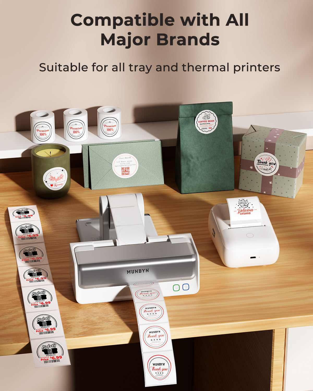 Thermal label printers on desk printing round adhesive labels for shipping and packaging