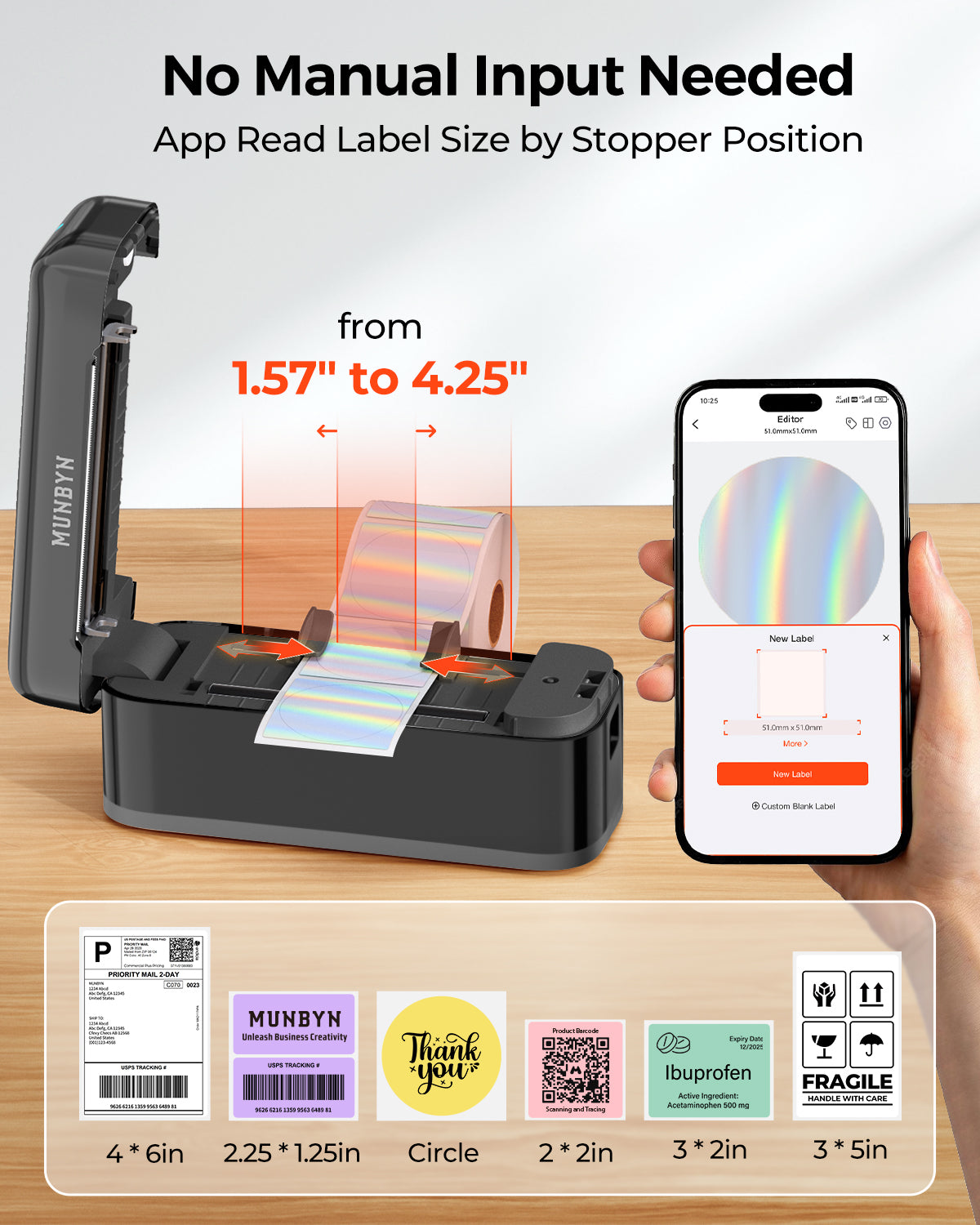 Thermal label printer with roll, auto label size detection, and smartphone label editing app.