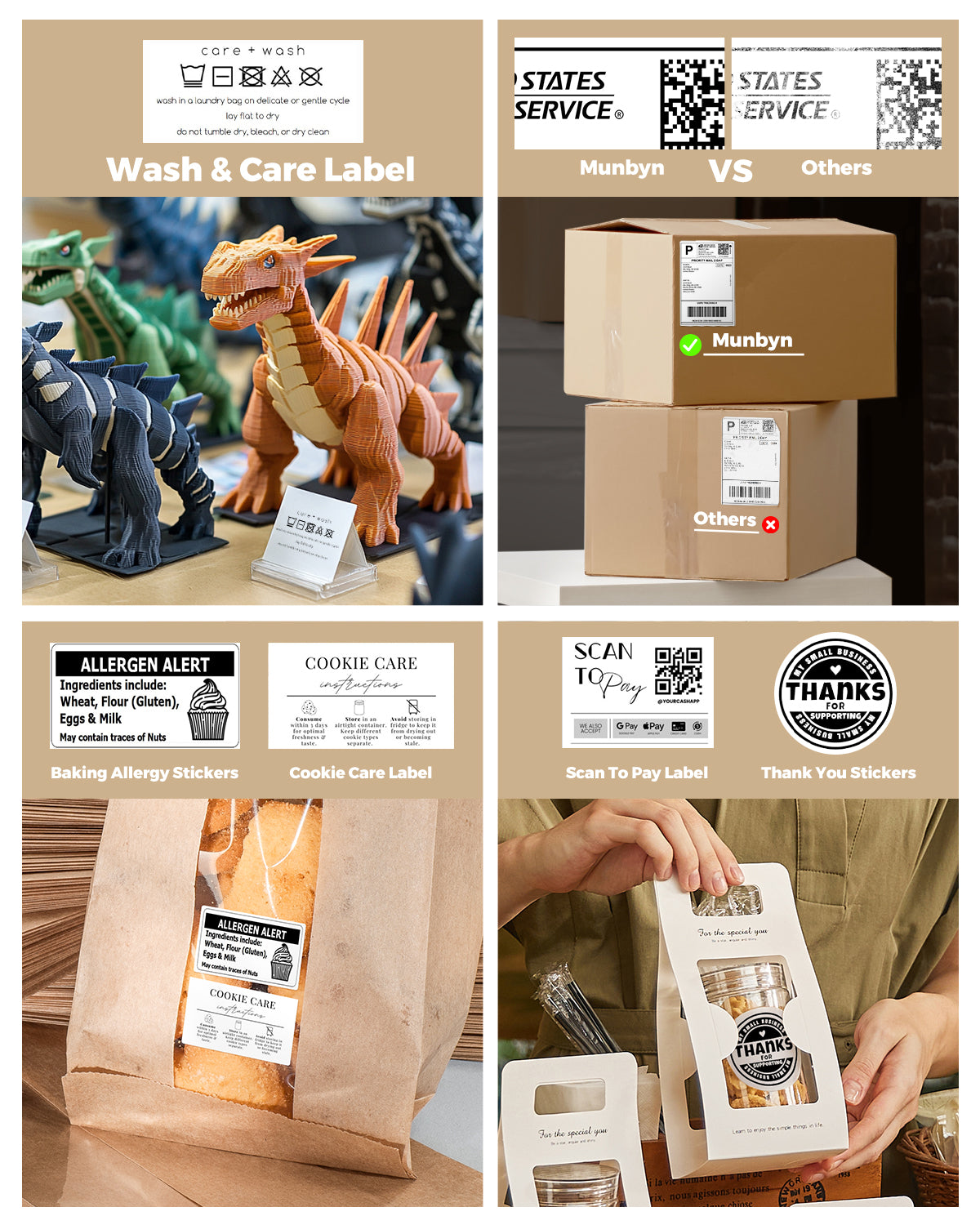 Thermal label applications including wash care labels, shipping labels, allergy and thank you stickers on products and packaging.