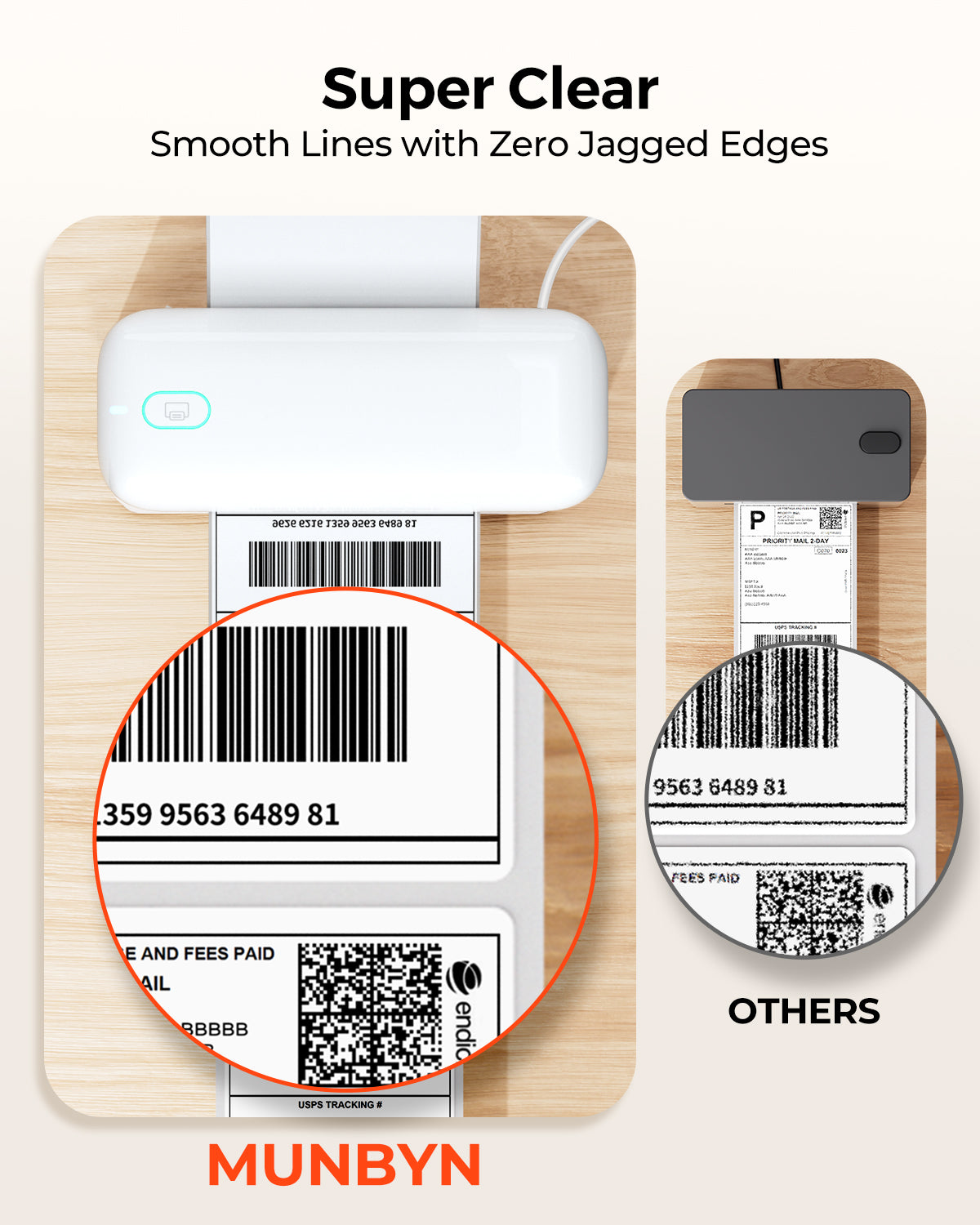 Thermal label printer comparison showing clear barcode lines versus jagged barcode edges