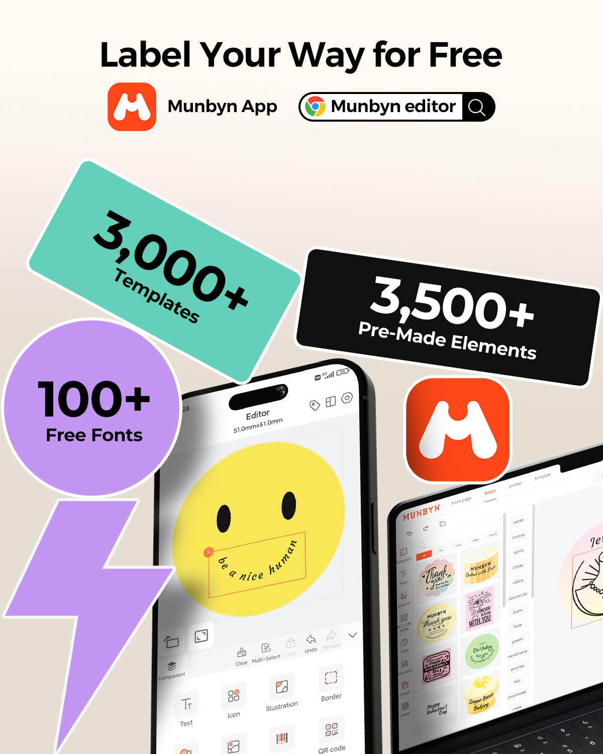 Mobile and desktop apps for label design with 3000+ templates and 3500+ elements shown.