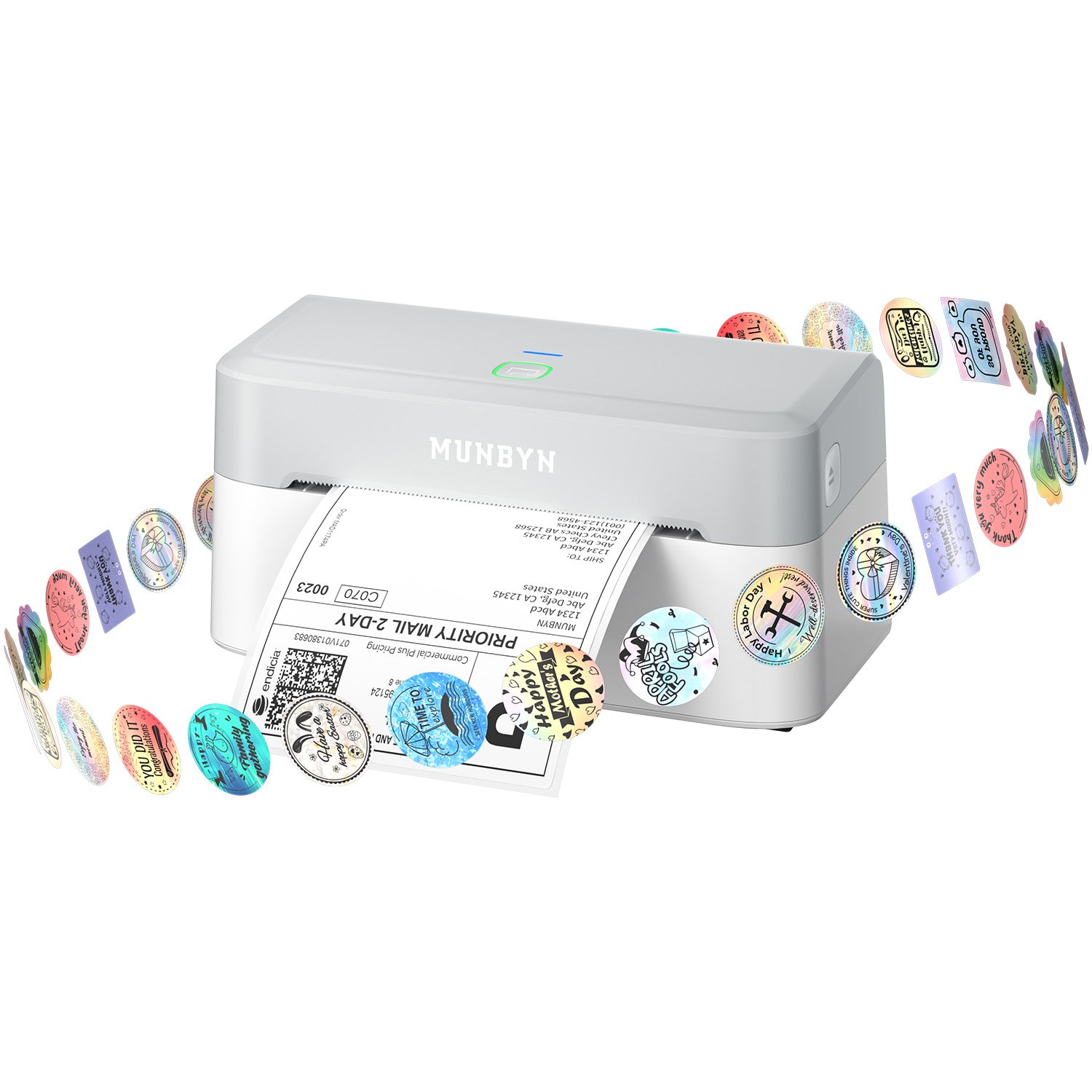 White thermal label printer printing a shipping label with colorful round stickers floating around