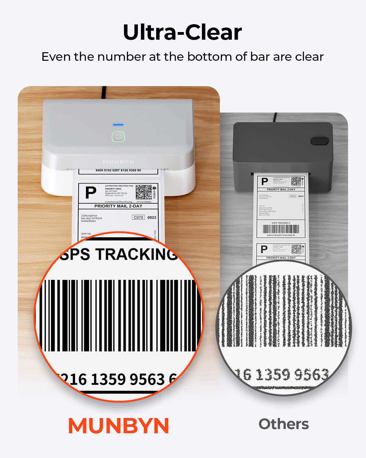 Thermal label printer comparison showing ultra-clear barcode print quality versus blurry printing
