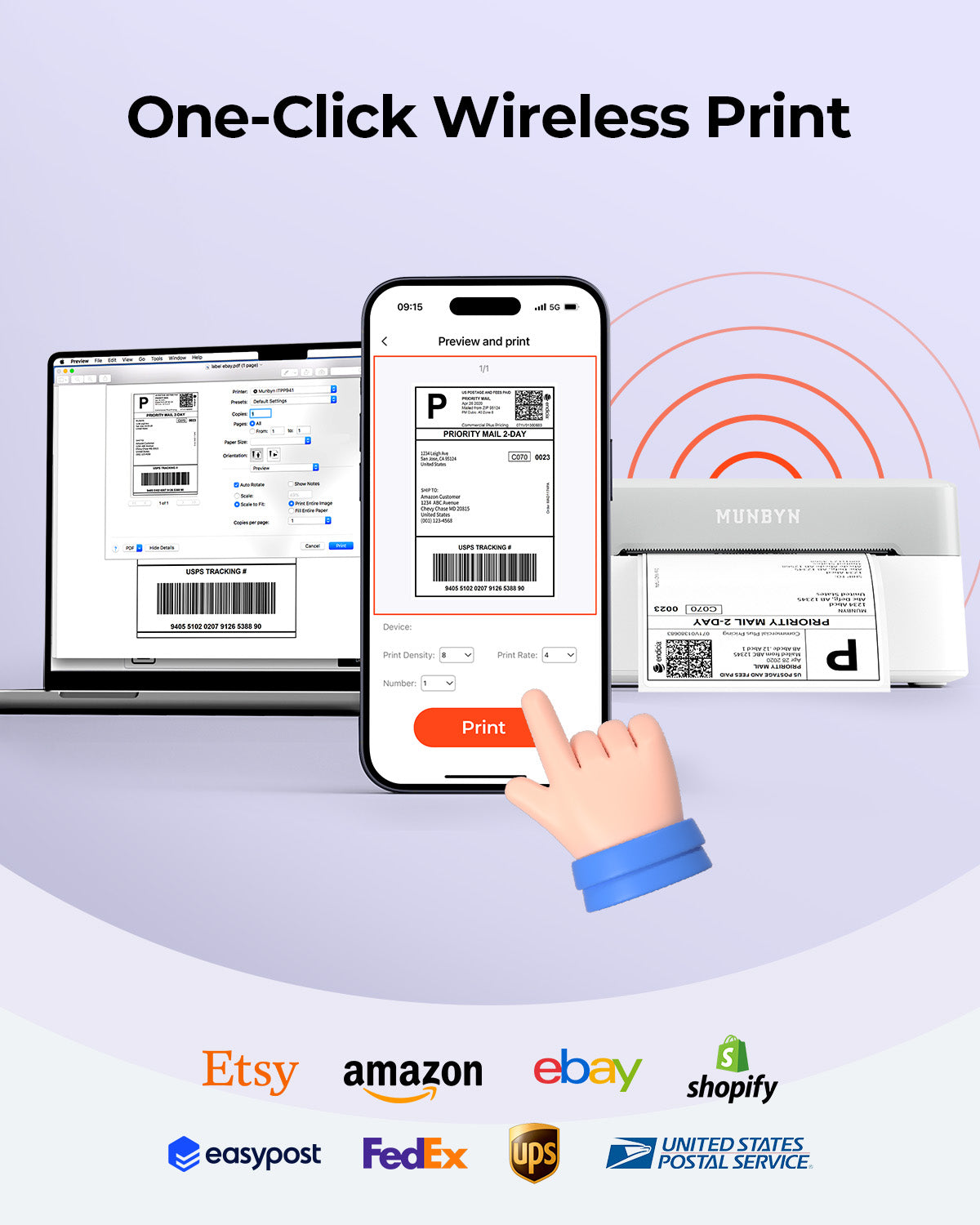 Wireless thermal label printer printing shipping labels from laptop and smartphone, compatible with ecommerce and courier platforms.