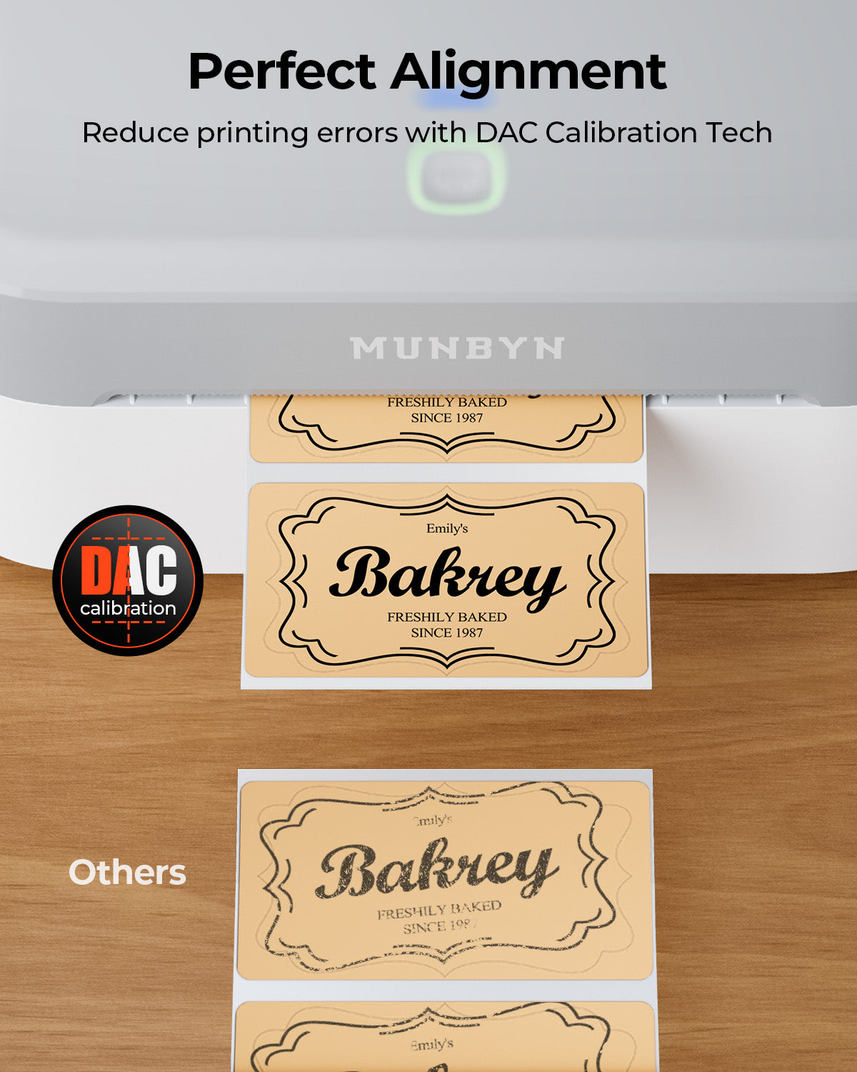 Thermal label printer demonstrating perfect alignment and clear bakery labels using DAC calibration technology.