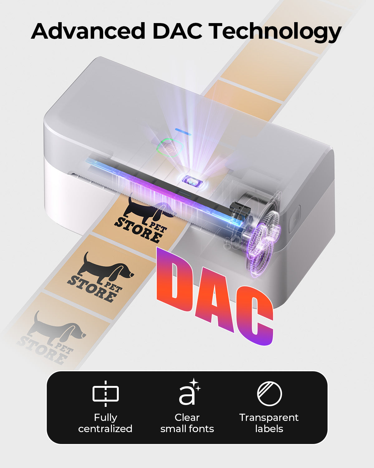 Thermal label printer with advanced DAC technology printing PET STORE dog labels