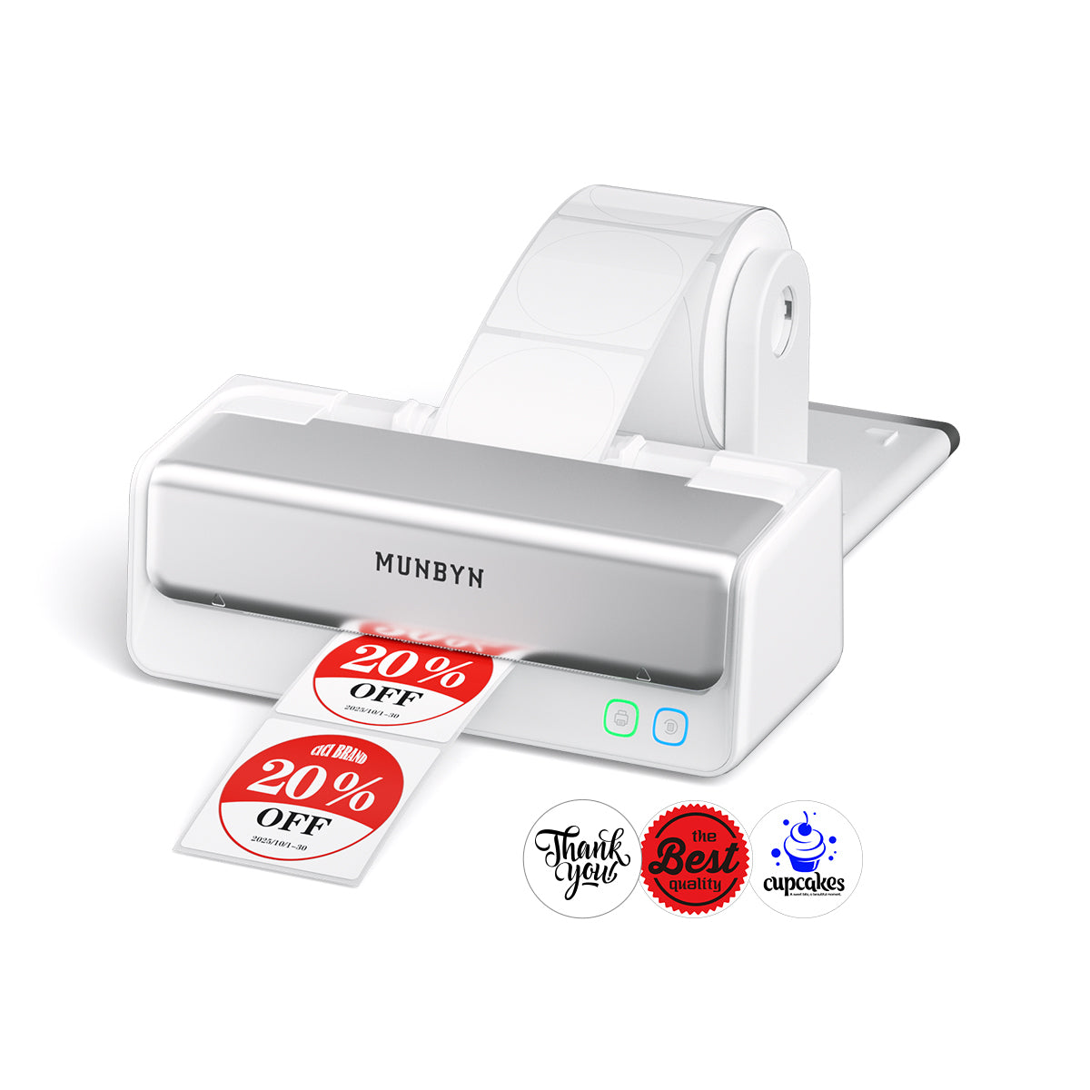 White thermal label printer printing round 20% off stickers with sample label designs shown