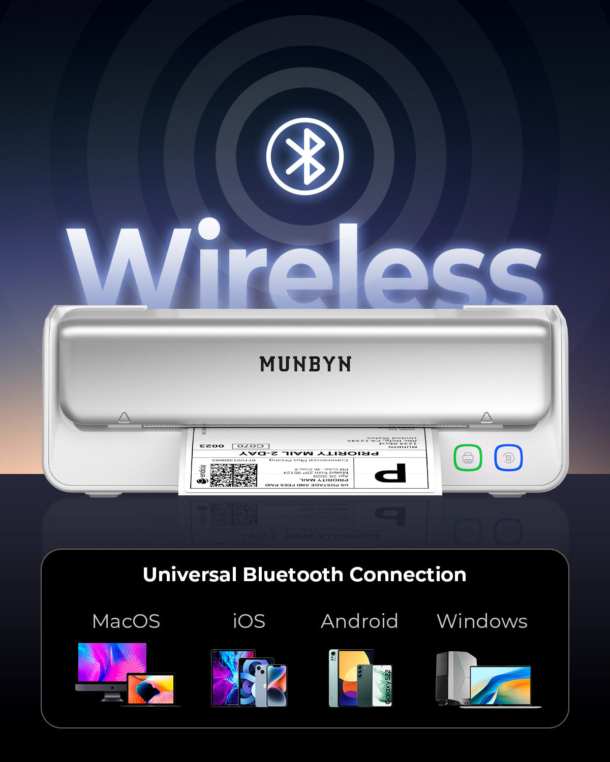 Wireless Bluetooth thermal label printer printing shipping label, compatible with MacOS, iOS, Android, Windows.